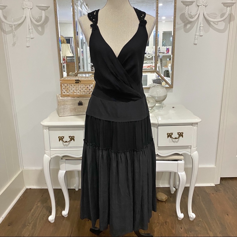 Max Azria Collection Black Silk Dress Crochet Back Tiered Formal Sz 8 Elegant